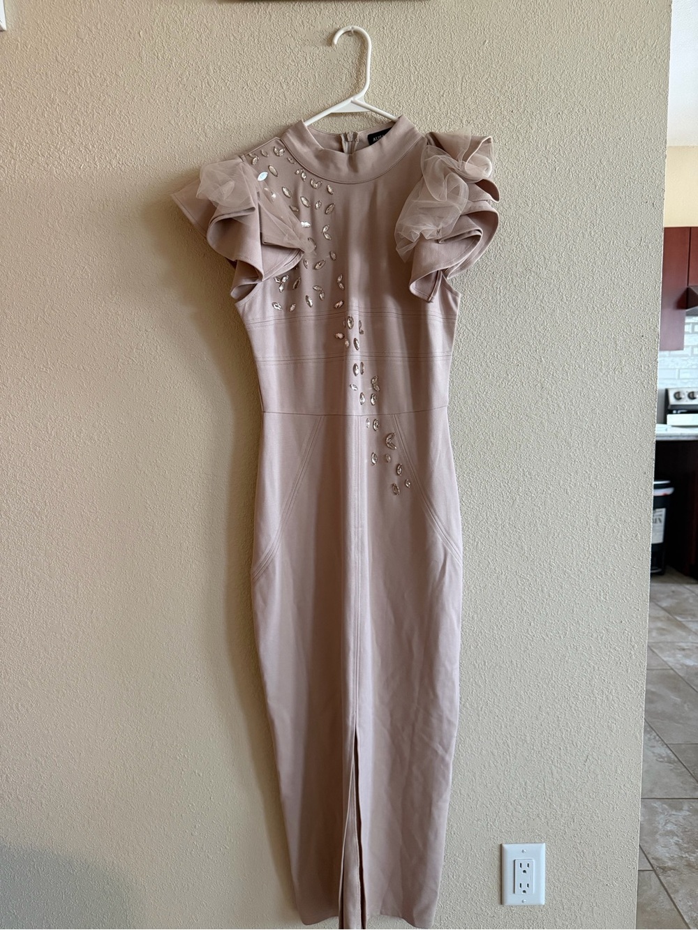 Women's Blush Ruffle-Sleeve Embellished Midi Dress